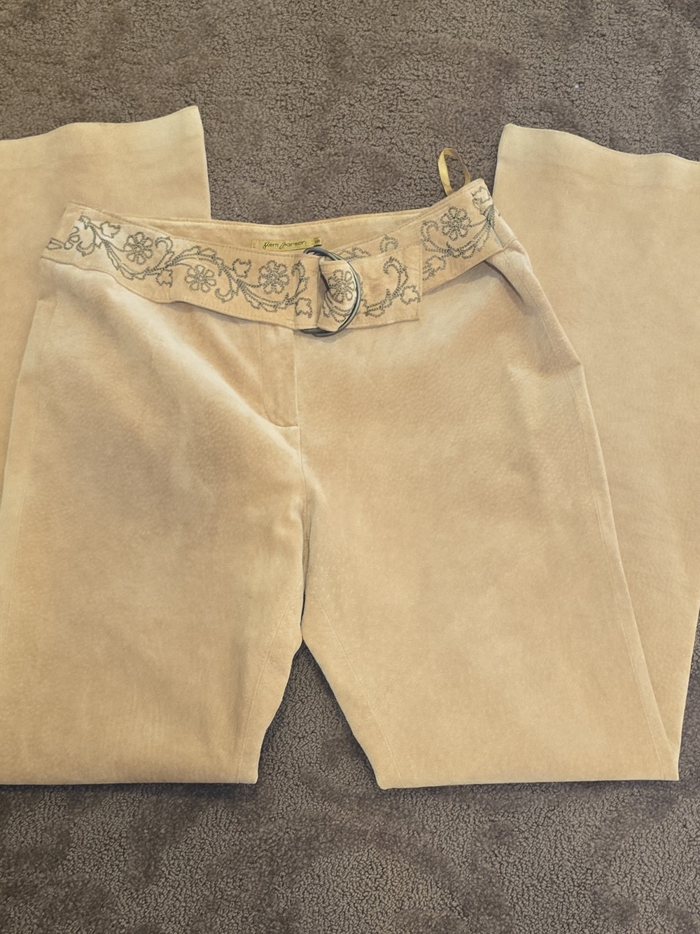 Rem Garson Beige Corduroy Boot Cut Jeans with Embroidered Belt